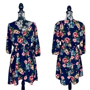 NWT Scobe navy blue floral v neck faux wrap dress size large